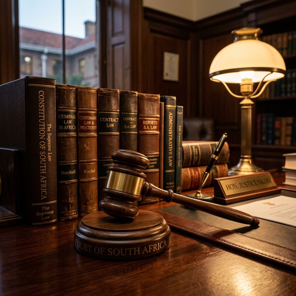 A sleek wooden gavel on a desk with law books